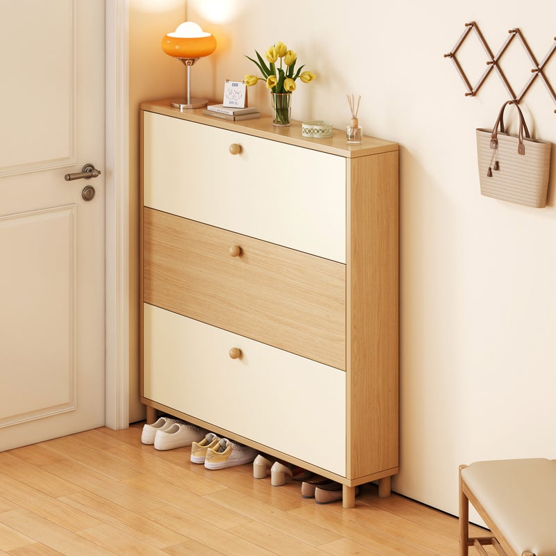 Sharpdo 3-Tier Solid Wood Flip-Top Shoe Cabinet, Ultra-Thin Entryway Shoe Rack Shoe Storage for Narrow Spaces, 80×17×120 cm - Image 1